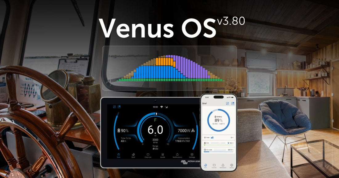 Venus OS v3.80 de Victron Energy en pantalla GX Touch y en el móvil en modo retrato