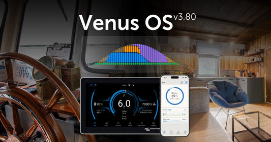 Venus OS v3.80 de Victron Energy en pantalla GX Touch y en el móvil en modo retrato