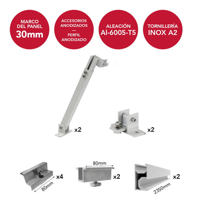 AIR02-TS-D2-AM30 [1x2] Estructura inclinada anodizada regulable 20º/45º para 2 paneles en vertical (ancho máximo 1150mm) | Serie TS-D2 - TECHNO SUN